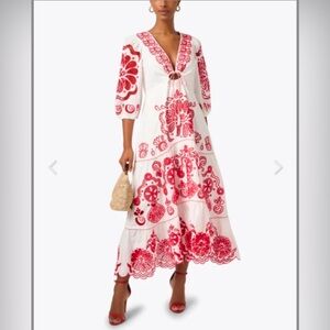 Farm Rio embroidered red and white midi dress